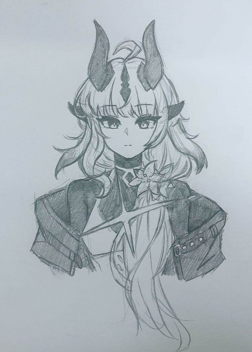 1girl, ahoge, arknights, bodystocking, commentary_request, dragon_girl, dragon_horns, flower, grey_background, greyscale, hair_flower, hair_ornament, highres, horns, jacket, le1171838305, long_hair, looking_at_viewer, monochrome, off_shoulder, official_alternate_costume, open_clothes, open_jacket, reed_(arknights), reed_the_flame_shadow_(arknights), simple_background, solo, straight-on, traditional_media, upper_body, very_long_hair