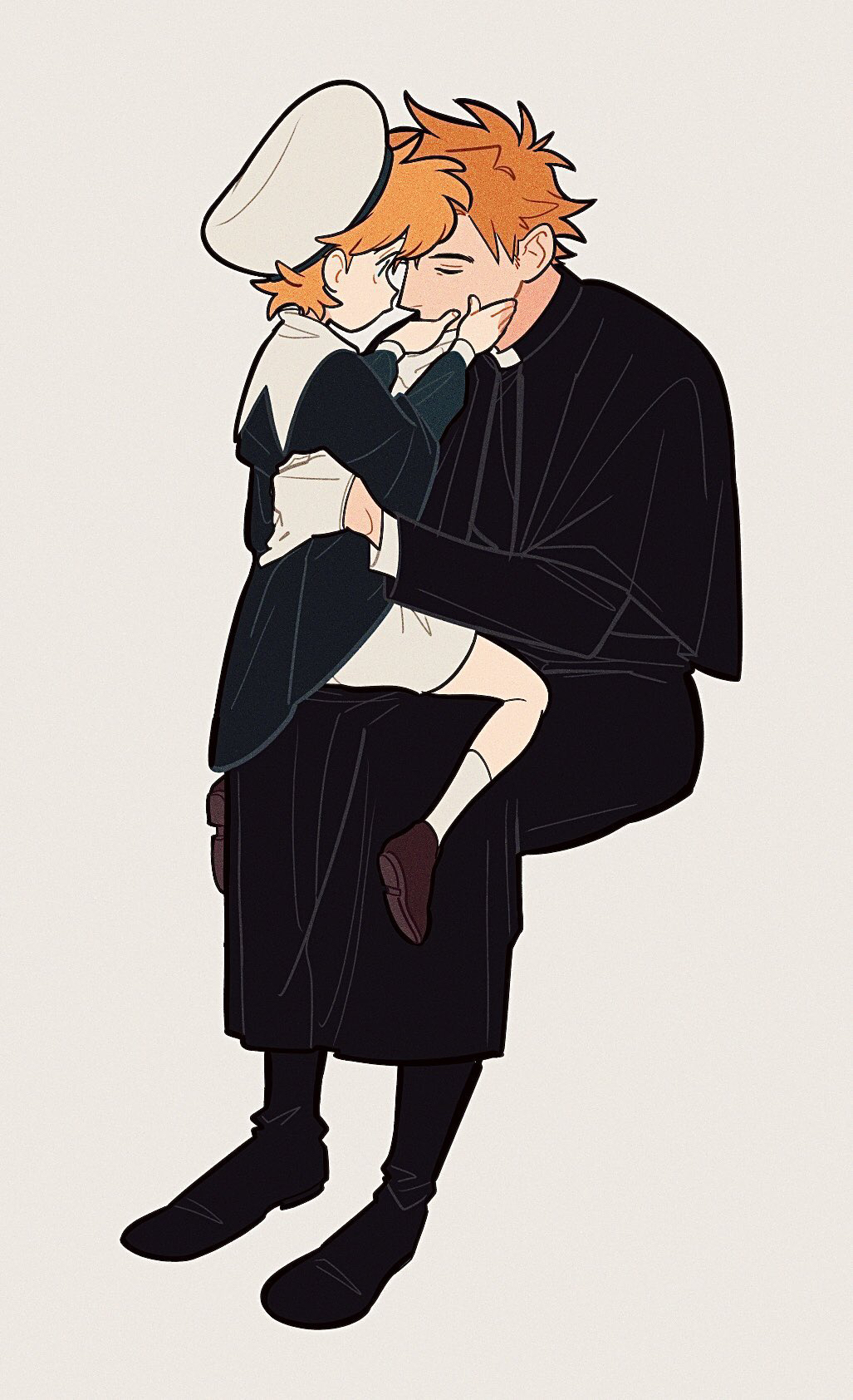 2boys, black_shoes, br'er_fox_(disney), brown_shoes, commentary_request, hat, highres, humanization, long_sleeves, male_focus, multiple_boys, orange_hair, priest, puritan_collar, robin_hood_(disney_character), robin_hood_(disney_movie), shoes, shorts, socks, song_of_the_south, uochandayo, white_background, white_hat, white_shorts, white_socks