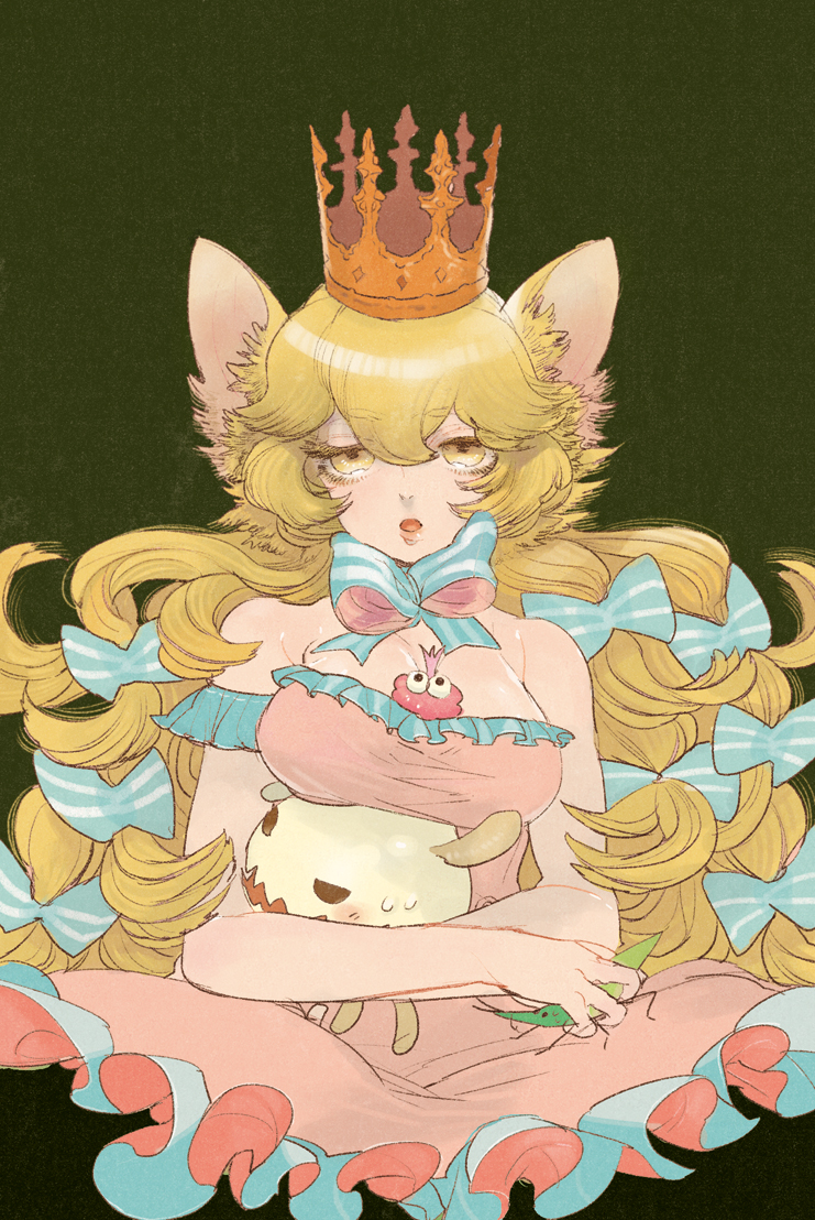 between_breasts, blonde_hair, blush, breasts, cleavage, crown, dress, hug, large_breasts, livly, livly_island, long_hair, maruco, off_shoulder, original, personification, pink_dress, ribbon, solo, striped, striped_ribbon, unaligned_breasts, very_long_hair, wind_lift, yellow_eyes