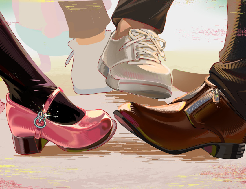 1girl, 2boys, black_pants, black_thighhighs, brown_shoes, clothes_focus, danganronpa_(series), danganronpa_2:_goodbye_despair, highres, hinata_hajime, komaeda_nagito, multiple_boys, nanami_chiaki, pants, pink_shoes, ria_(rialexiann), shirt, shoes, thigh-highs, white_shirt