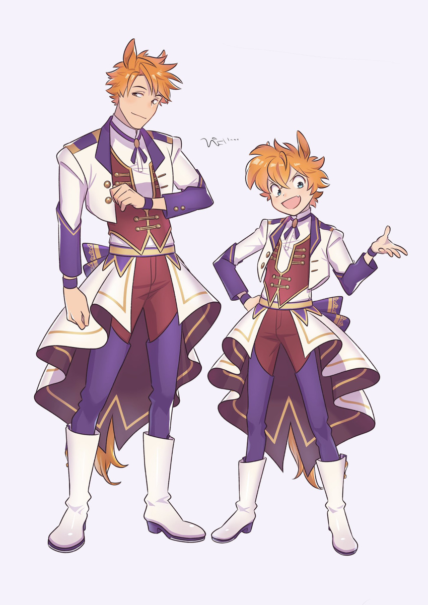 2boys, animal_ears, boots, br'er_fox_(disney), closed_mouth, commentary_request, full_body, hair_between_eyes, hand_on_own_hip, highres, horse_ears, horse_tail, humanization, jacket, male_focus, multiple_boys, orange_hair, pants, purple_pants, robin_hood_(disney_character), robin_hood_(disney_movie), song_of_the_south, standing, tail, translation_request, umamusume, uochandayo, white_background, white_jacket, wristband
