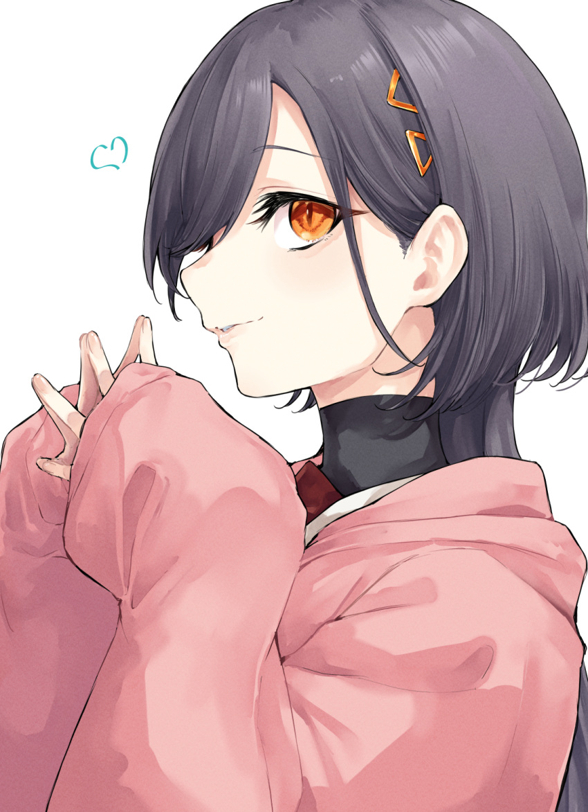 1girl, black_shirt, bloom_garden_party_jacket, commentary, grey_hair, hair_ornament, hasu_no_sora_school_uniform, heart