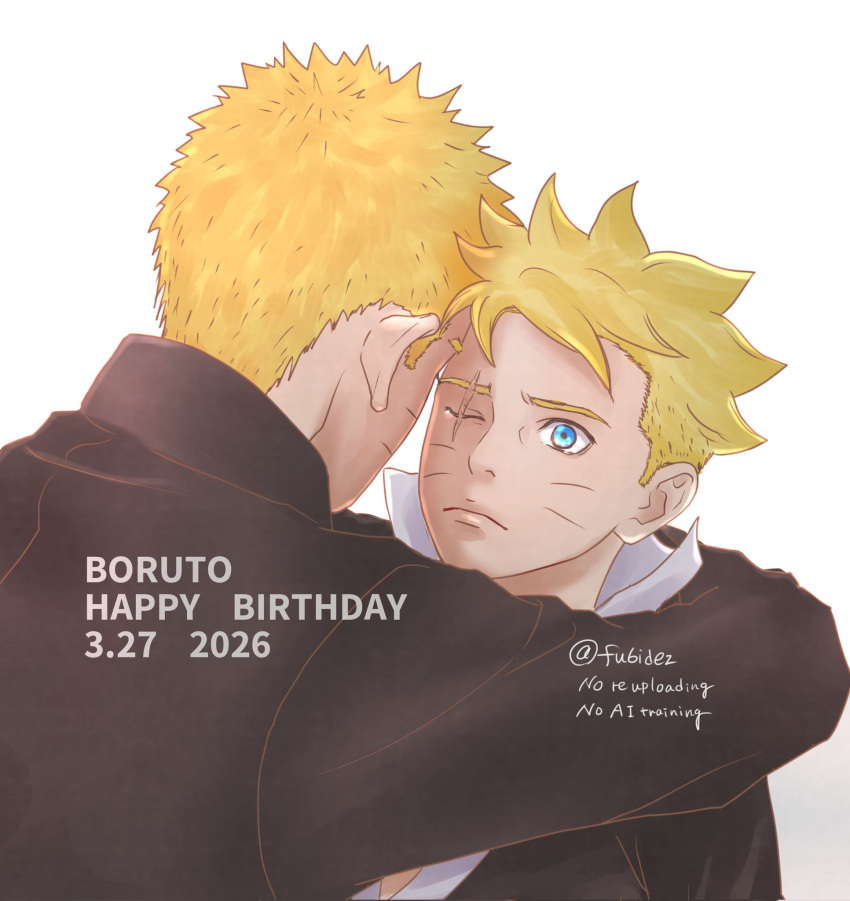 2boys, black_jacket, blonde_hair, blue_eyes, boruto:_two_blue_vortex, boruto_(series), commentary_request, dated, eyebrow_piercing, face_piercing, facial_mark, father_and_child, father_and_son, frown, happy_birthday, highres, hug, jacket, male_focus, matsu_(fu6ide2), multiple_boys, naruto_(series), one_eye_closed, parent_and_child, piercing, scar, scar_across_eye, scar_on_face, twitter_username, uzumaki_boruto, uzumaki_naruto, watermark, whisker_markings, white_background