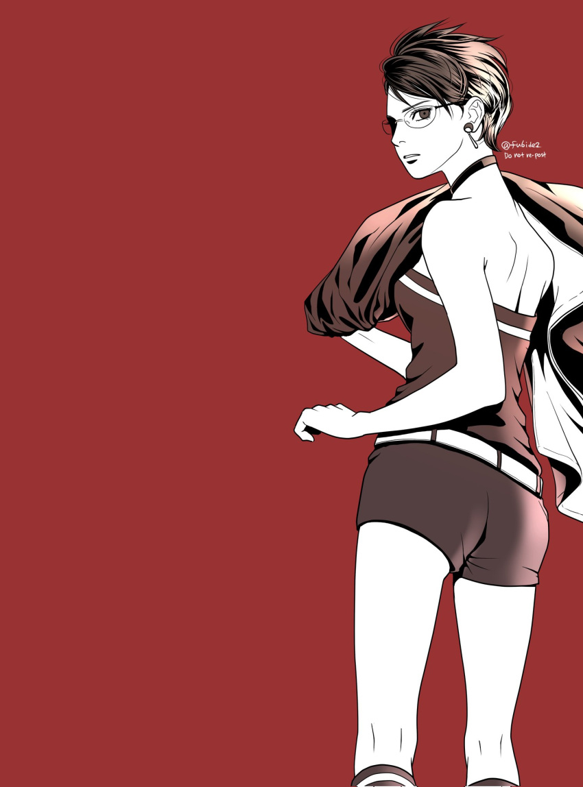 1girl, ass, bare_shoulders, boruto:_two_blue_vortex, boruto_(series), breasts, choker, commentary_request, earrings, feet_out_of_frame, from_behind, glasses, greyscale_with_colored_background, highres, holding, holding_jacket, holding_unworn_clothes, jacket, jewelry, looking_back, matsu_(fu6ide2), naruto_(series), red_background, romper, serious, short_hair, signature, small_breasts, solo, strapless_romper, twitter_username, uchiha_sarada, uchiha_symbol, unworn_jacket, watermark