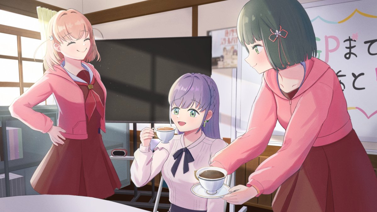 3girls, ^_^, black_ribbon, bloom_garden_party_jacket, blunt_bangs, blunt_ends, bob_cut, braid