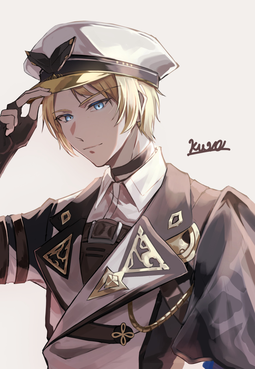 1boy, absurdres, arm_up, artist_name, black_choker, black_gloves, blonde_hair, blue_eyes