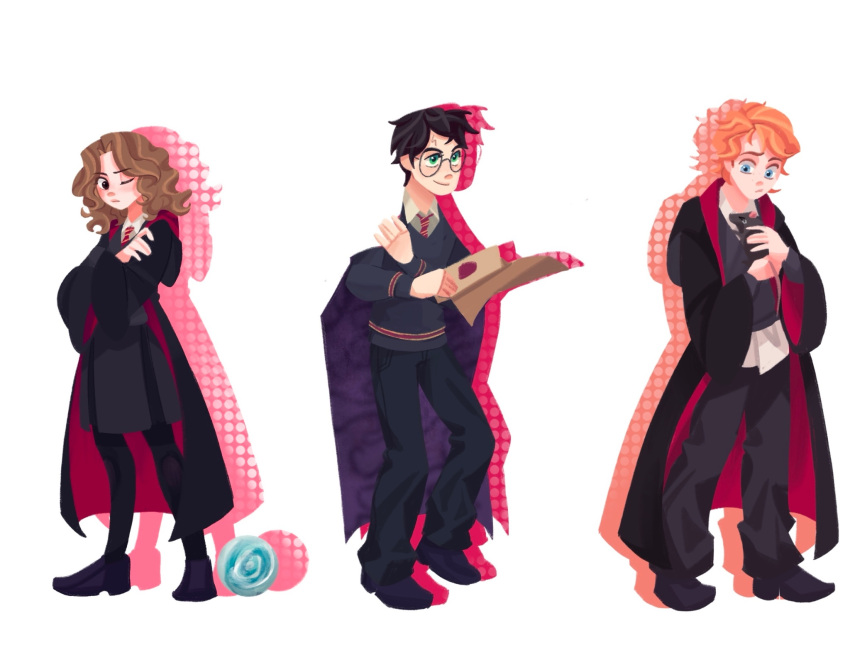 1girl, 2boys, animal, black_hair, black_pants, black_pantyhose, black_robe, black_shoes
