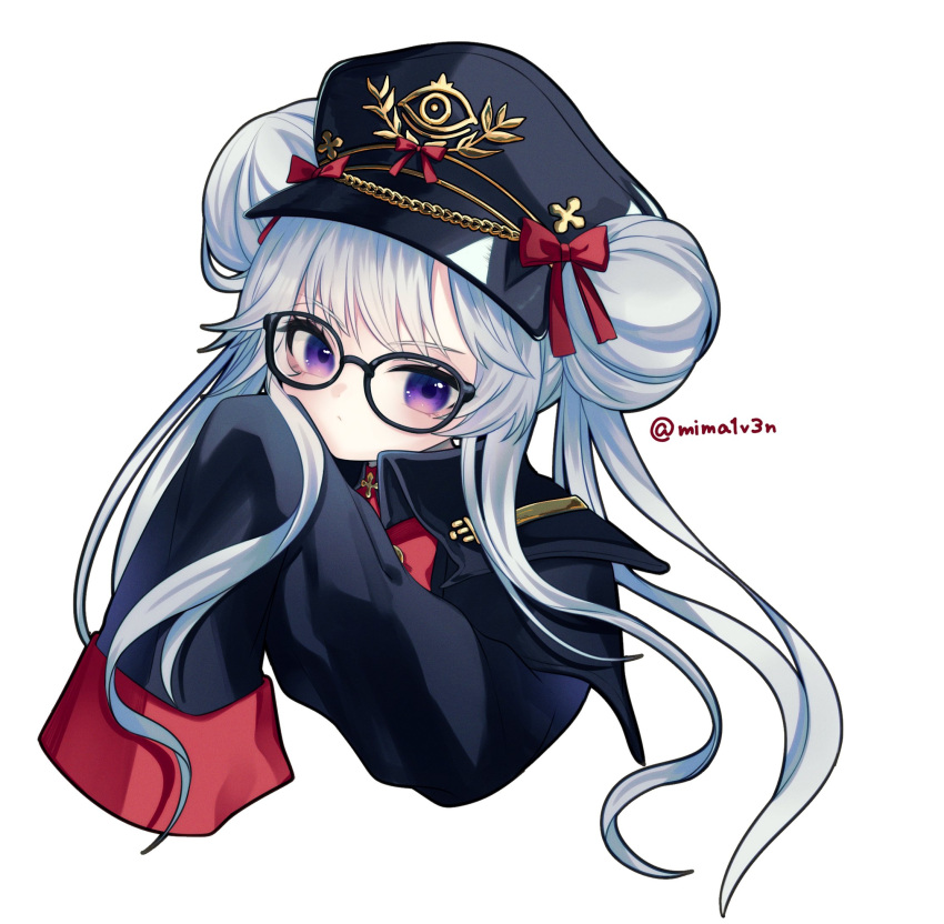 1girl, avistar_(nikke), blush, double_bun, glass, goddess_of_victory:_nikke, hair_bun, hat