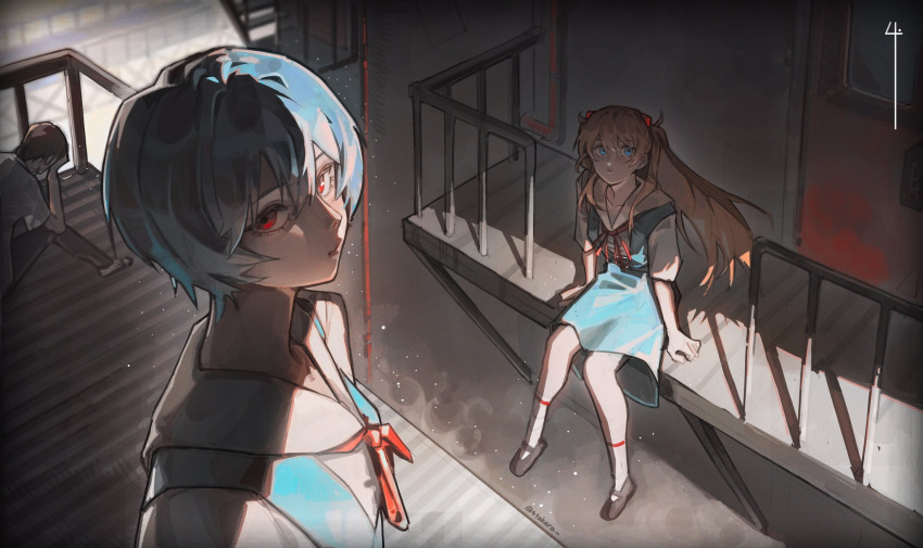 1boy, 2girls, artist_name, ayanami_rei, black_pants, black_shoes, blue_hair, blue_skirt