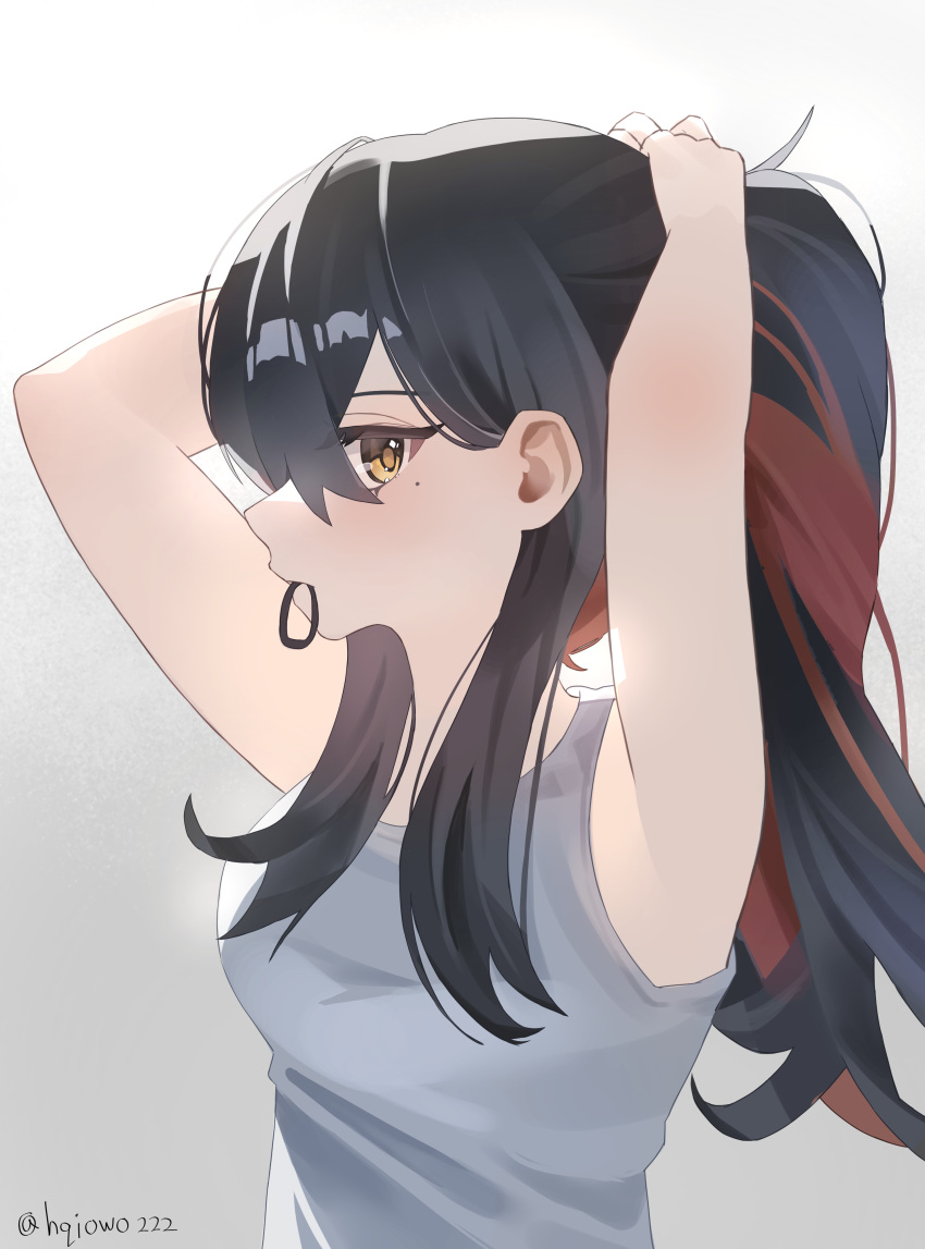 1girl, absurdres, adjusting_hair, arms_up, black_hair, carmine_(pokemon), commentary_request, grey_shirt
