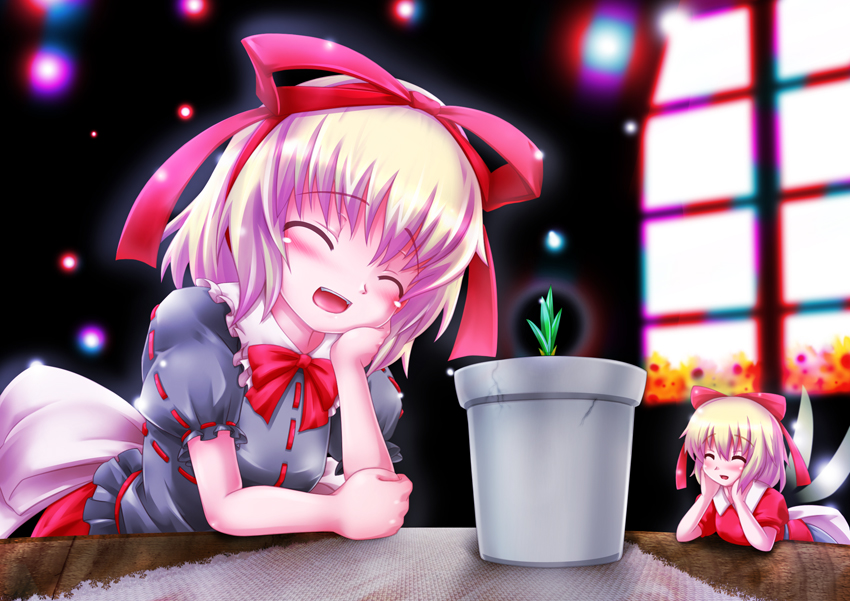 blonde_hair, bow, bowtie, closed_eyes, doll, eyes_closed, hair_ribbon, hand_on_face, hand_on_own_face, hands_on_own_face, large_bow, lilyl0ve, medicine_melancholy, multiple_girls, plant, ribbon, short_hair, smile, solo, su-san, table, touhou, window, wings