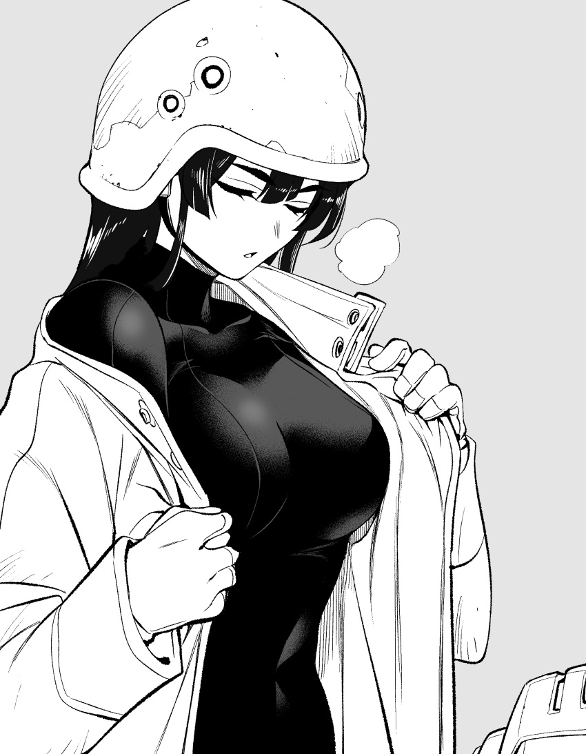 1girl, absurdres, bodysuit, breath, closed_eyes, copyright_request, gloves, greyscale