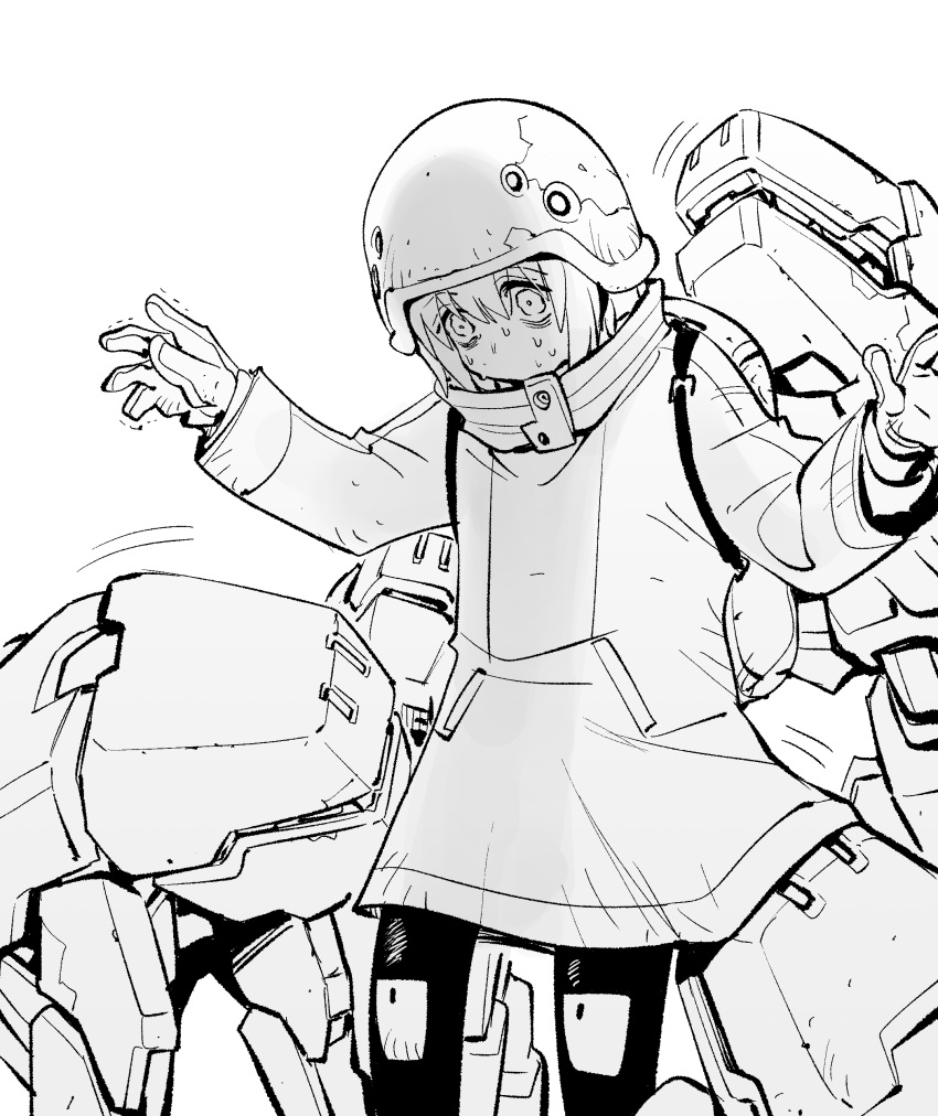 1girl, absurdres, backpack, bag, commentary_request, copyright_request, gloves, greyscale
