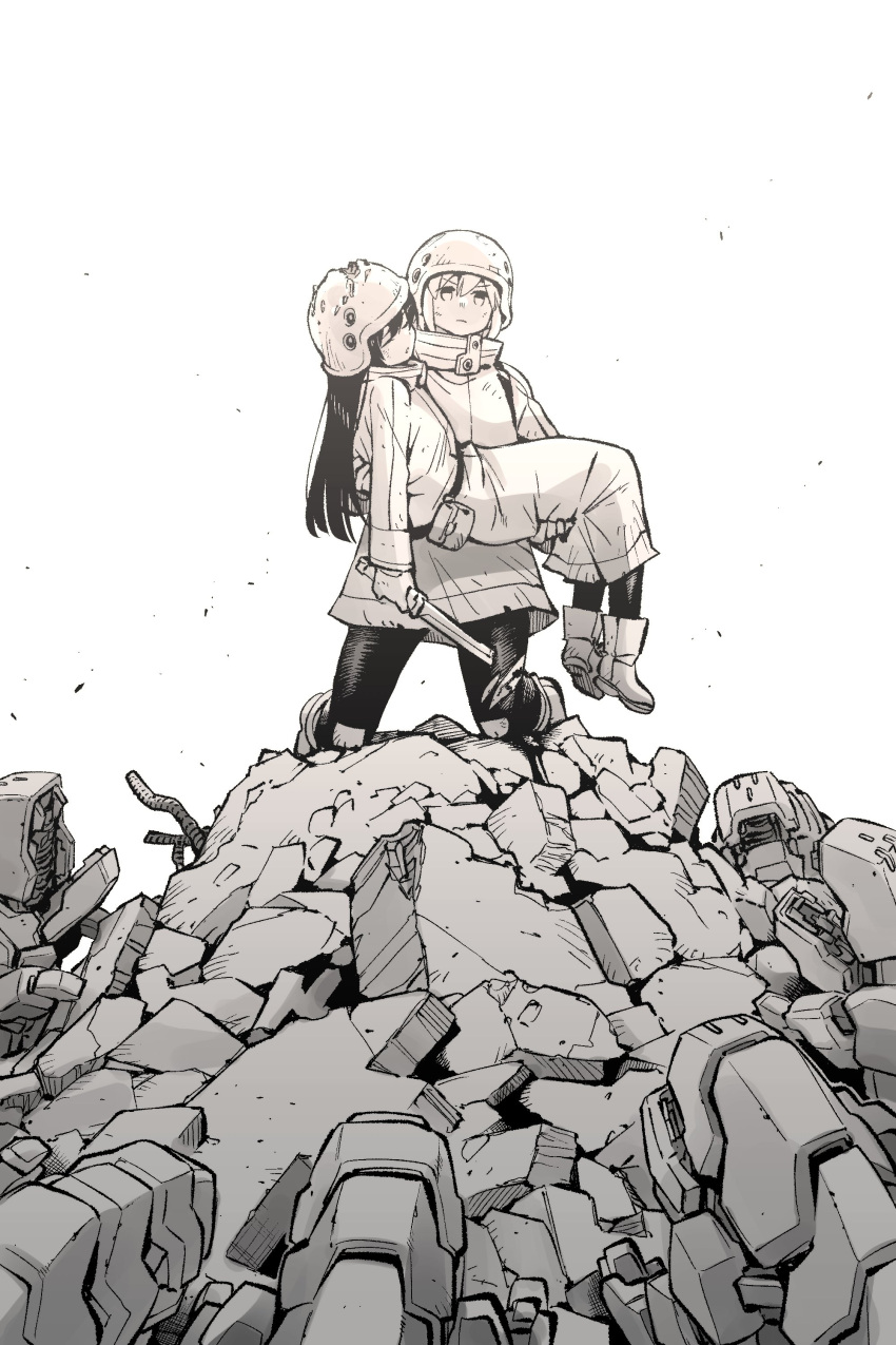 2girls, absurdres, broken, broken_sword, broken_weapon, carrying, carrying_person, closed_eyes