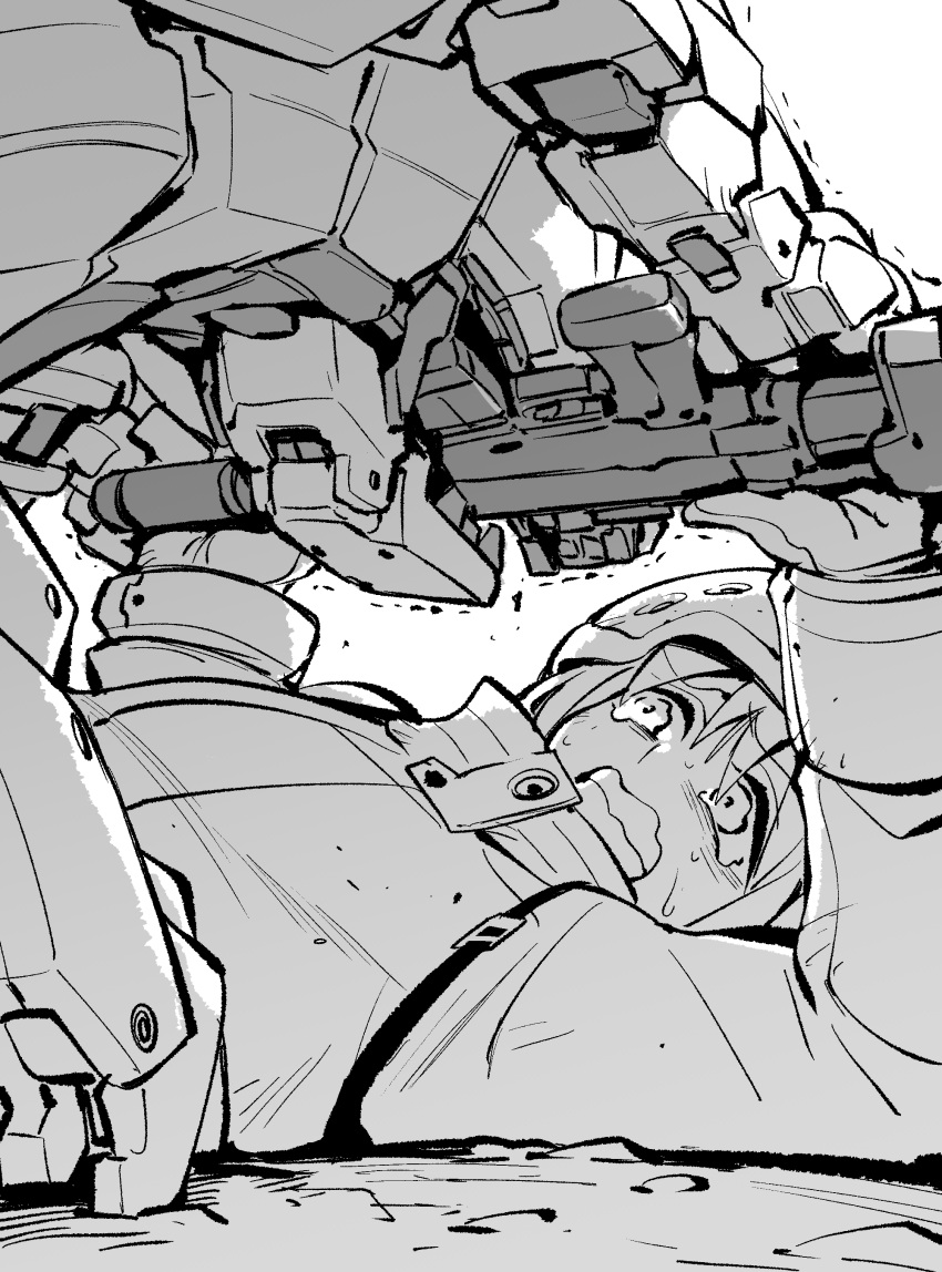 1girl, absurdres, clenched_teeth, commentary_request, greyscale, gun, helmet, highres