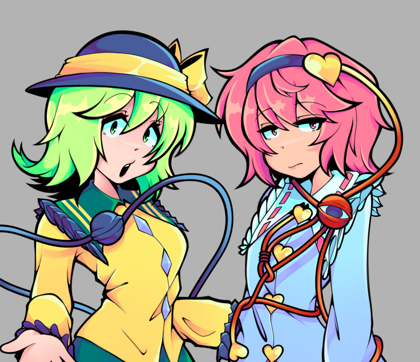 2girls, :o, absurdres, black_hat, blue_skirt, buttons, diamond_button, expressionless, green_eyes, green_hair, grey_background, hair_ornament, hat, hat_ribbon, headband, heart, heart_button, heart_hair_ornament, highres, honkattack, looking_at_viewer, multiple_girls, pink_eyes, pink_hair, ribbon, shirt, short_hair, siblings, sisters, skirt, third_eye, touhou, unamused, yellow_ribbon, yellow_shirt
