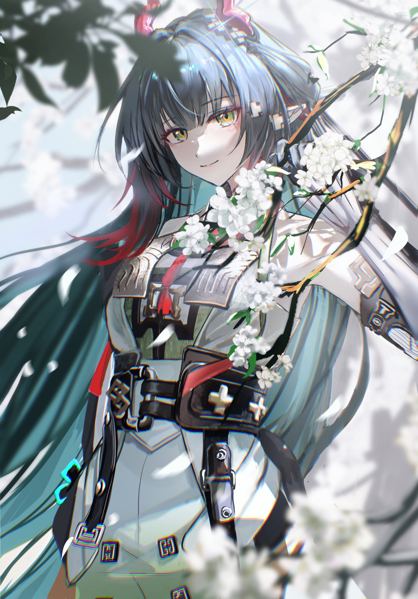 1girl, absurdres, arknights, arknights:_endfield, bare_shoulders, black_gloves, black_hair, chinese_commentary