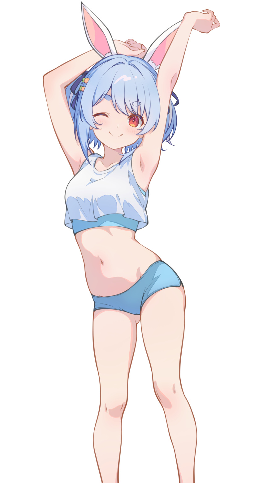 1girl, absurdres, animal_ears, armpits, arms_up, ass_visible_through_thighs, blue_hair, blue_shorts, breasts, carrot_hair_ornament, closed_mouth, commentary_request, crop_top, food-themed_hair_ornament, hair_ornament, highres, hololive, looking_at_viewer, maccaron61, midriff, navel, one_eye_closed, presenting_armpit, rabbit_ears, rabbit_girl, ribbon, shirt, short_hair, short_shorts, shorts, simple_background, sleeveless, sleeveless_shirt, smile, solo, stomach, stretching, thighs, two_side_up, usada_pekora, virtual_youtuber, white_background, white_shirt
