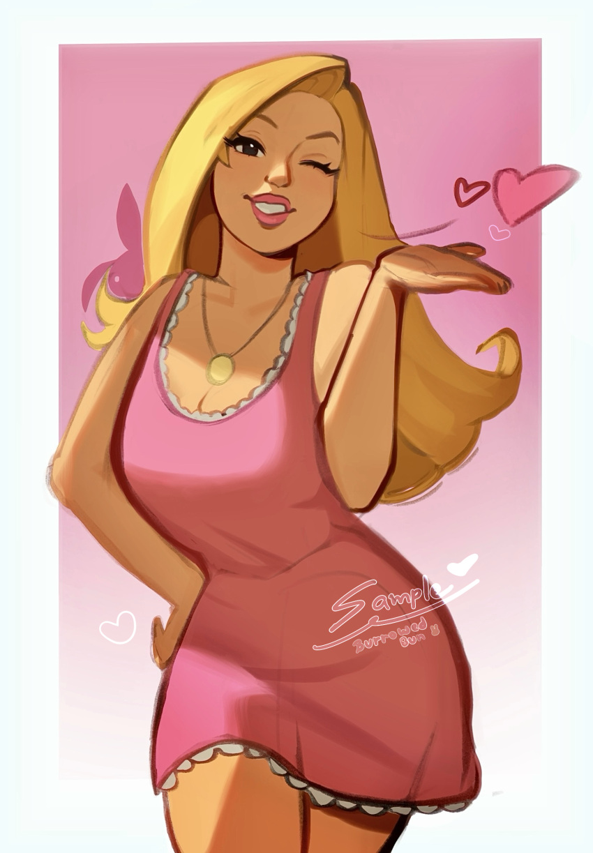 1girl, 2026, american_dad!, artist_request, black_eyes, blonde_hair, border, dress