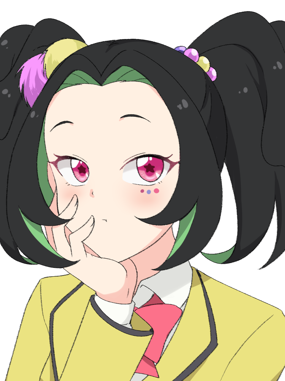 1girl, 9rimson, alternate_hair_color, black_hair, closed_mouth, colored_inner_hair, commentary_request, forehead