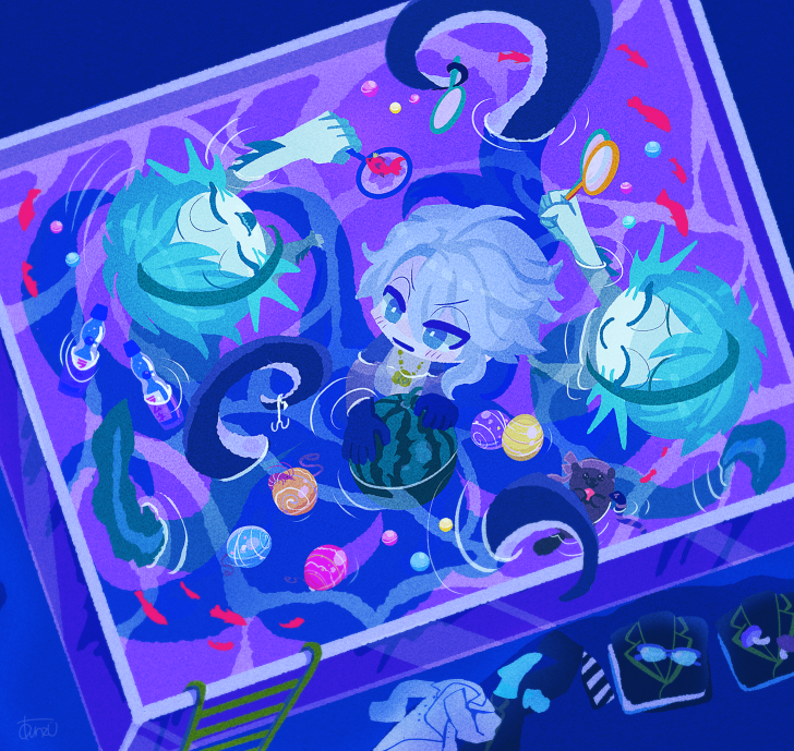 3boys, animal, anzu_(1014105), azul_ashengrotto, azul_ashengrotto_(octopus), blue_eyes, blue_hair, blue_skin, colored_skin, commentary_request, easter, easter_egg, eel_boy, egg, fins, fish, fish_tank, floyd_leech, floyd_leech_(eel), goldfish_scooping, head_fins, jade_leech, jade_leech_(eel), male_focus, merfolk, merman, monster_boy, multiple_boys, no_lineart, octavinelle_dorm, octopus_boy, partially_submerged, ramune, short_hair, tentacles, twisted_wonderland