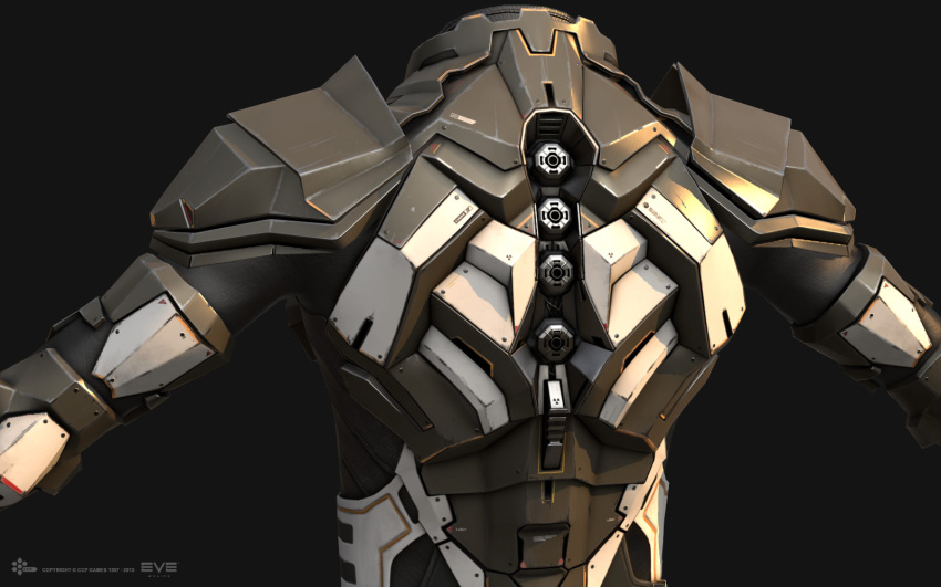 3d, armor, armored_bodysuit, commentary, company_logo, company_name, copyright_logo, copyright_name, dark_background, dated, english_commentary, eve_online, from_behind, grey_armor, grey_background, highres, logo, marmoset_toolbag_(medium), maya_(medium), no_humans, official_art, realistic, science_fiction, simple_background, undoz, upper_body