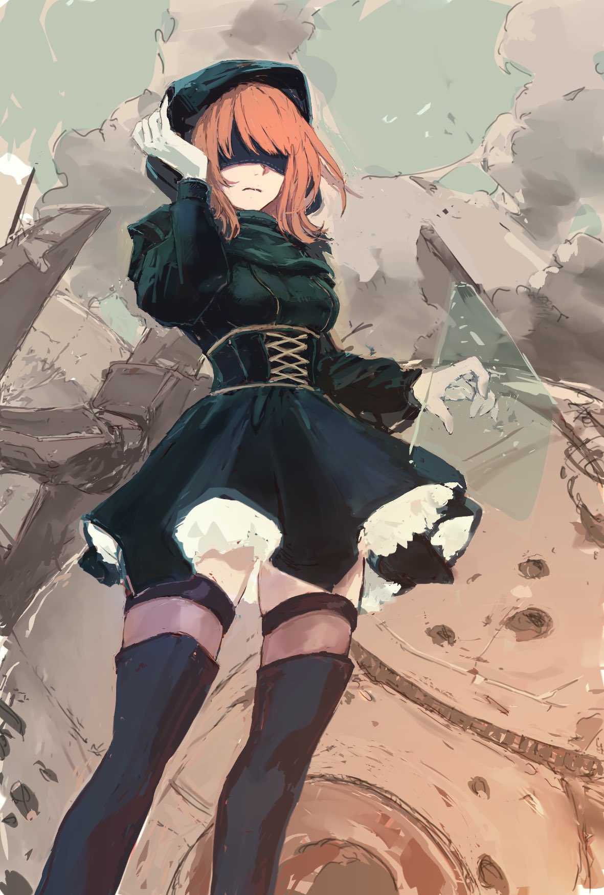 1girl, black_boots, black_dress, black_hood, blindfold, boots, brown_hair, commentary_request