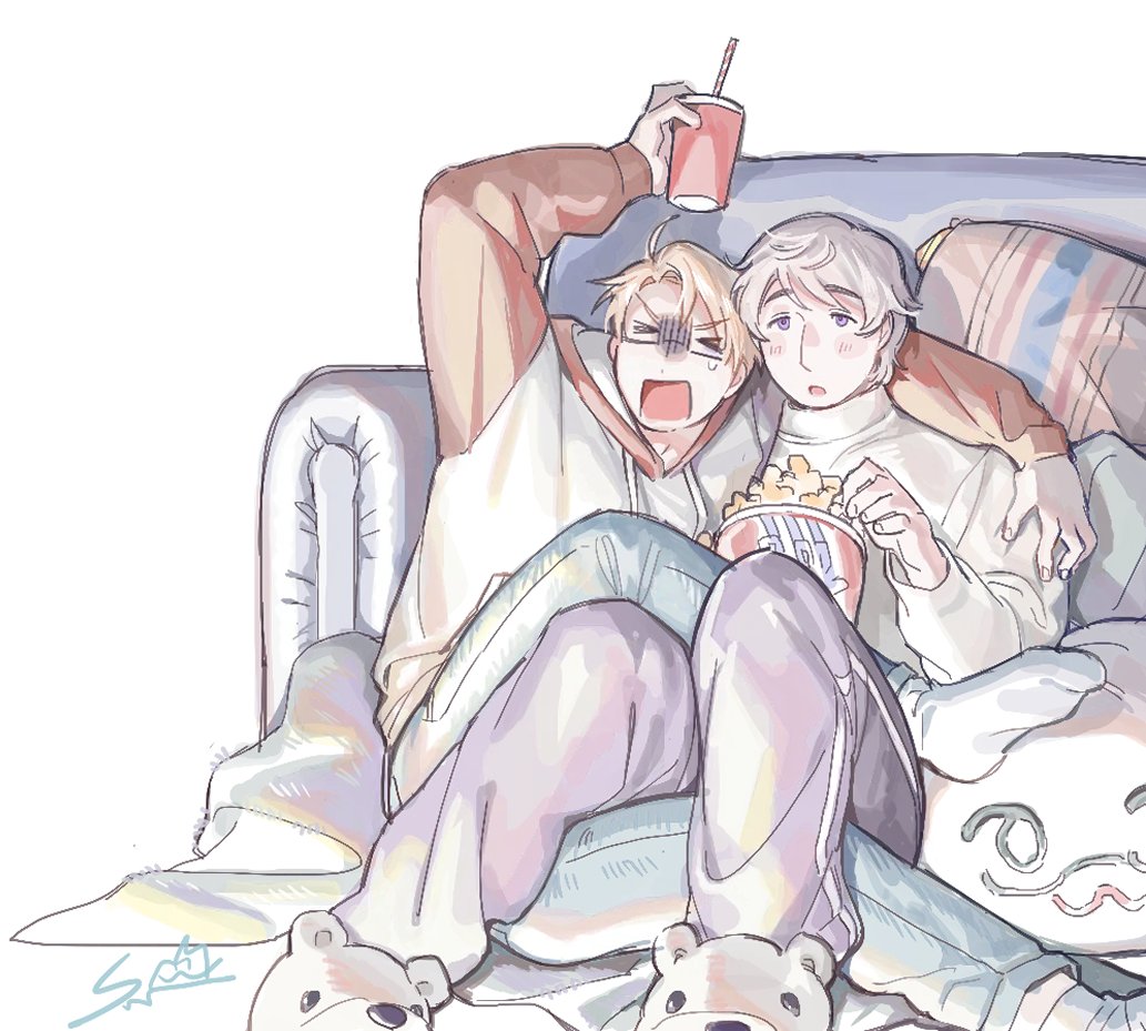 >_<, 2boys, ahoge, america_(hetalia), animal_slippers, arm_up, artist_name, axis_powers_hetalia