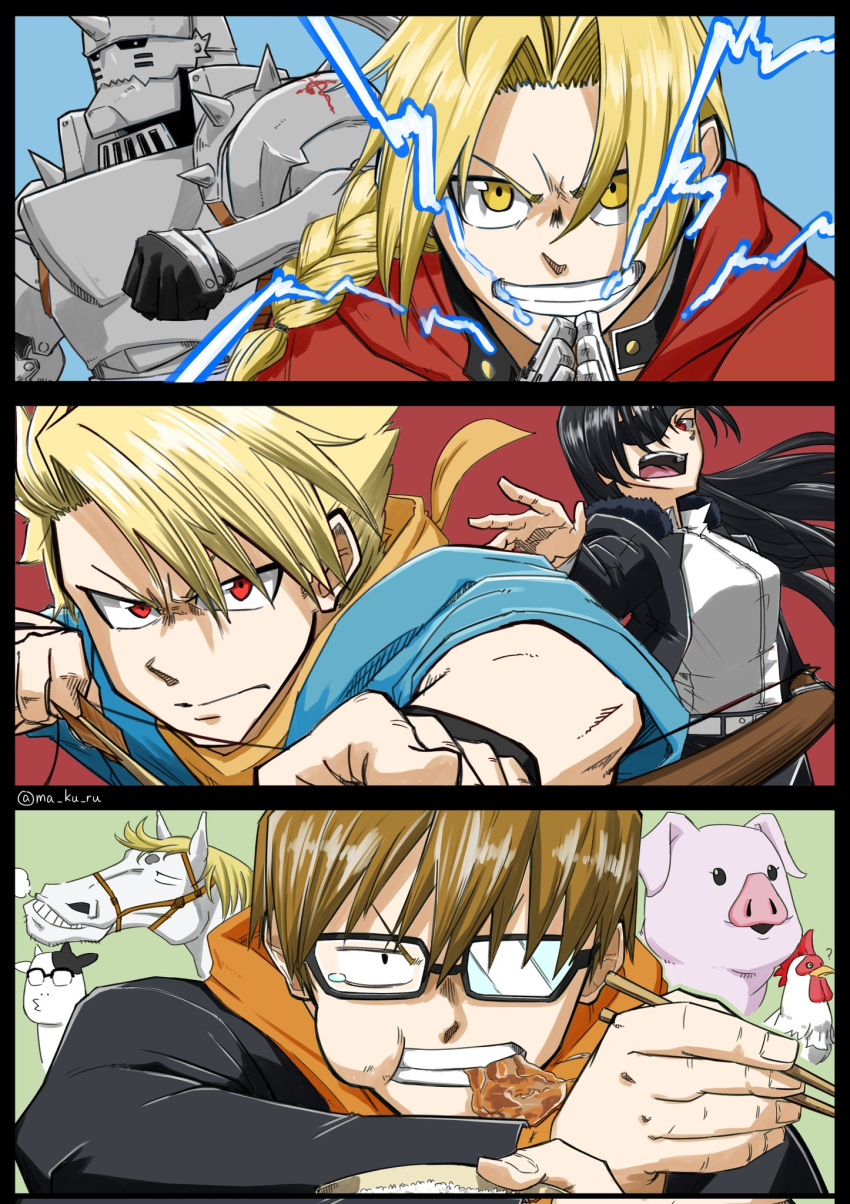 1girl, 4boys, alphonse_elric, arrow_(projectile), asa_(yomi_no_tsugai), bird, blonde_hair, chicken
