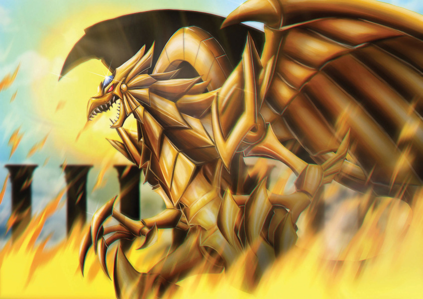 claws, colored_skin, dragon, duel_monster, fire, forehead_jewel, krausarts, no_humans