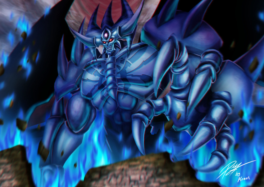 blue_fire, blue_skin, clenched_hand, clenched_teeth, colored_skin, duel_monster, fire, forehead_jewel