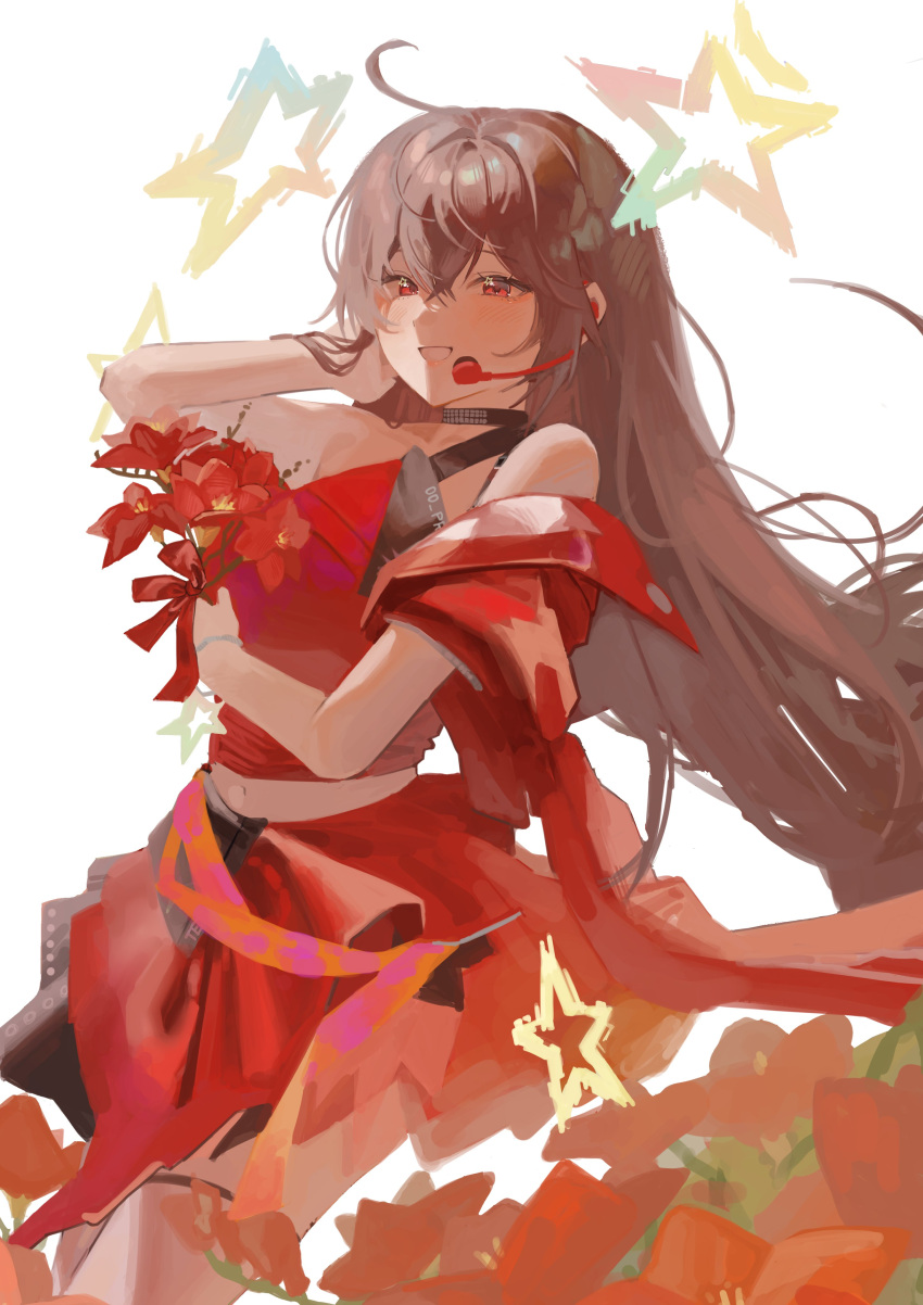 1girl, absurdres, ahoge, black_choker, bouquet, brown_hair, choker, commentary_request