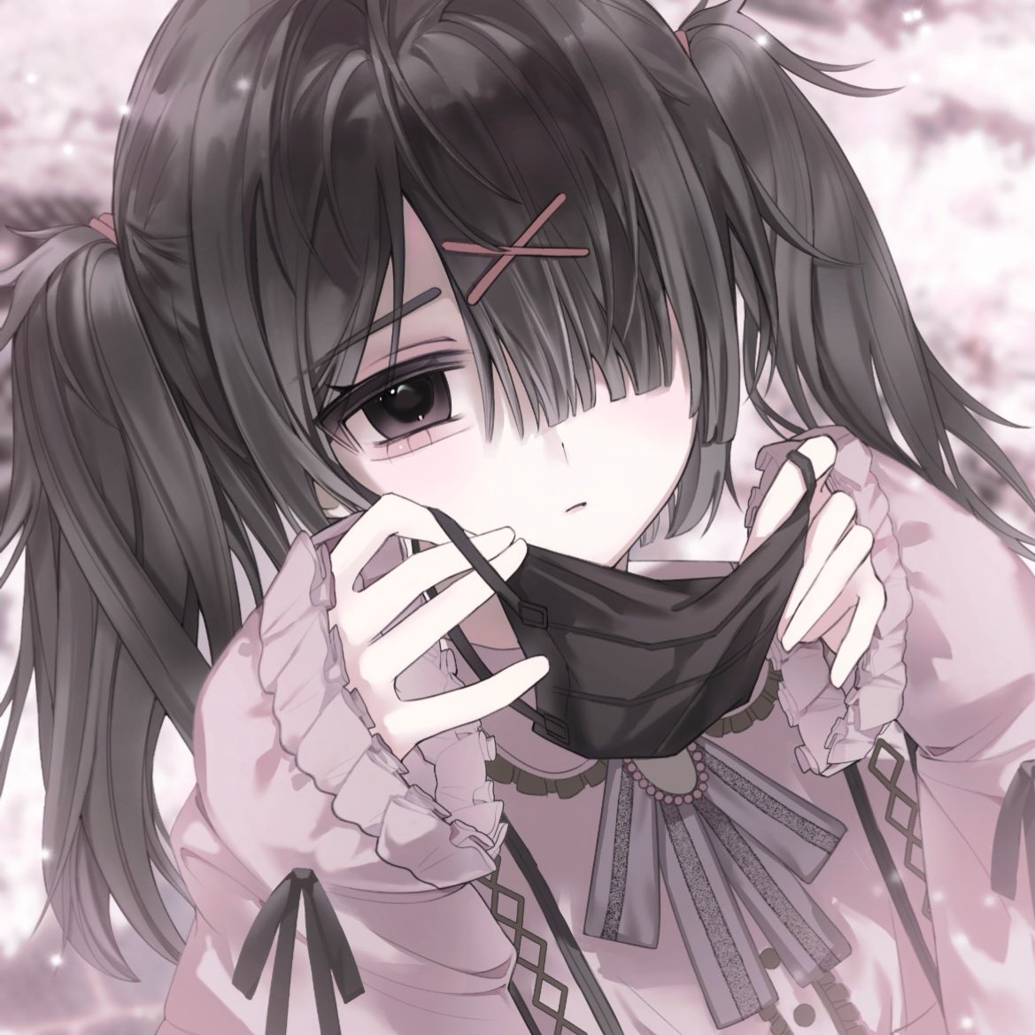 1girl, ame-chan_(needy_girl_overdose), black_eyes, black_hair, closed_mouth, commentary_request, hair_ornament, hair_over_one_eye