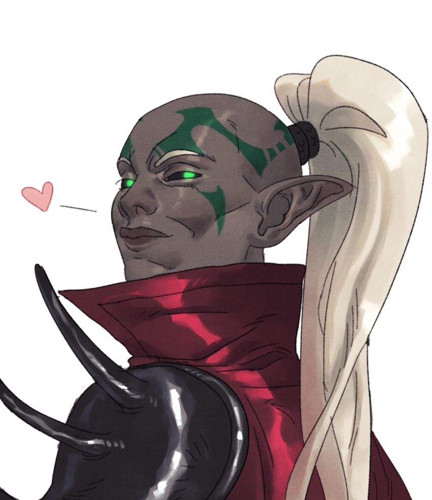 1boy, armor, black_armor, black_sclera, boethiah, cape, cayemm, colored_sclera, colored_skin, commentary, english_commentary, facial_mark, from_behind, glowing, glowing_eyes, green_eyes, grey_skin, heart, high_ponytail, highres, long_hair, looking_at_viewer, looking_back, male_focus, pointy_ears, ponytail, red_cape, shoulder_armor, spiked_armor, spikes, the_elder_scrolls, the_elder_scrolls_ii:_daggerfall, upper_body, very_long_hair, white_background, white_hair