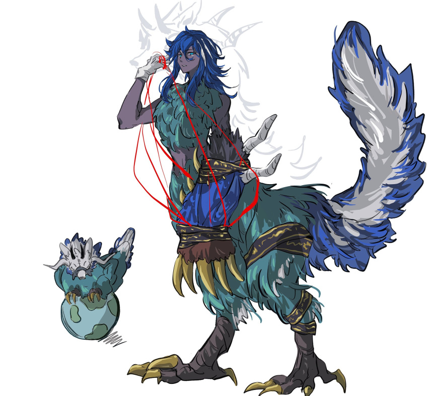 1girl, bird_feet, blue_hair, breasts, chimera, claws, commentary, completely_nude