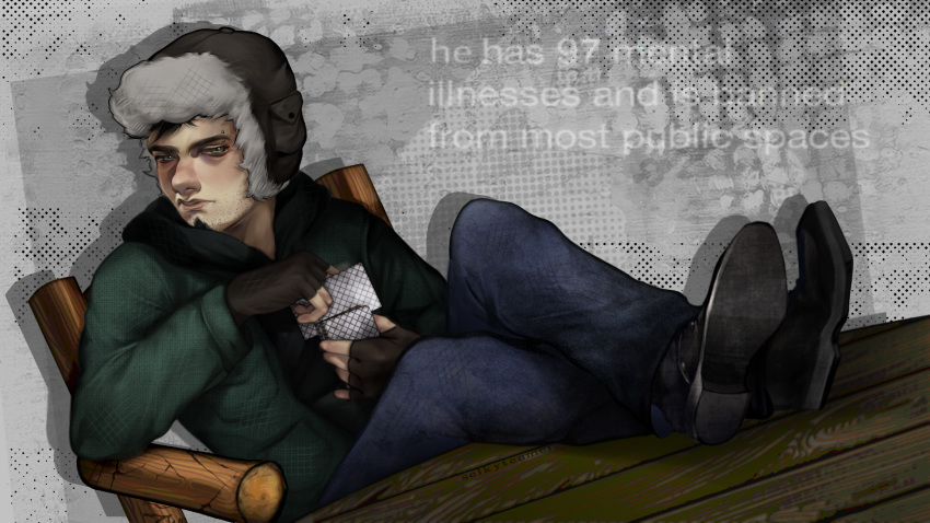 1boy, alternate_piercings, beard_stubble, black_hair, chair, closed_mouth, dan_(dan_vs.), dan_vs., denim, english_text, eyebrow_piercing, face_piercing, facial_hair, fingerless_gloves, gloves, goatee, hat, highres, jacket, jeans, lips, male_focus, nose, on_chair, pants, piercing, realistic, selkytenme1, shoes, sitting, solo, stubble, table, winter_clothes