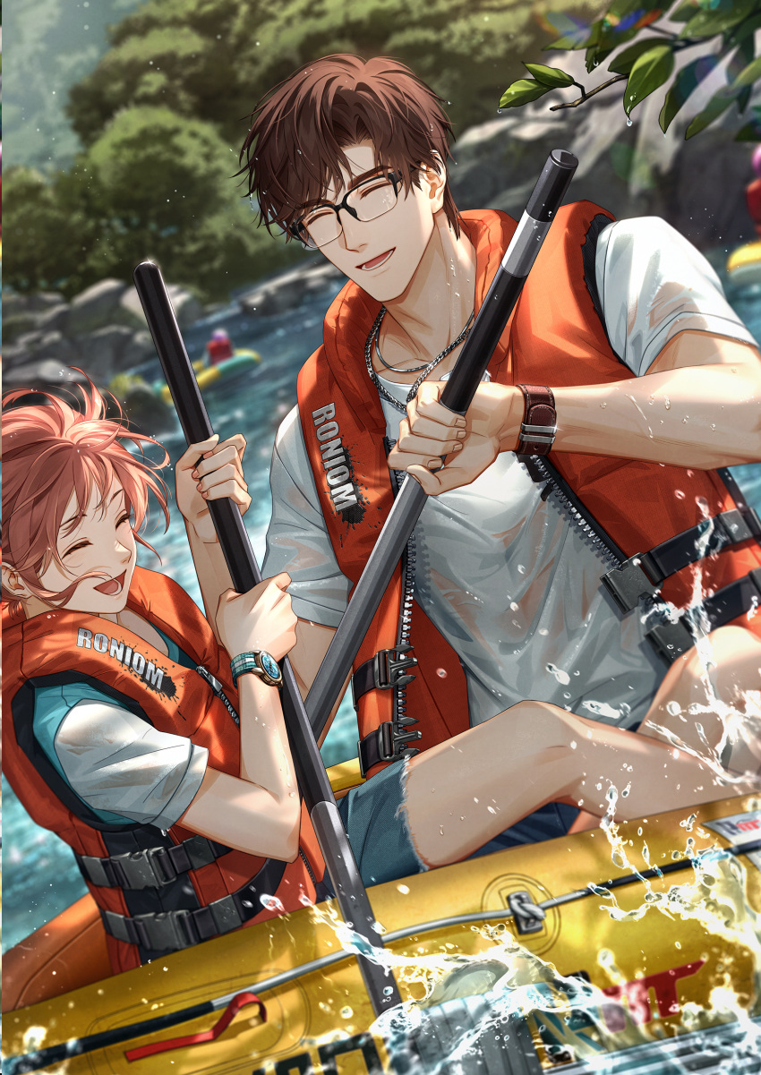 2boys, ^_^, absurdres, black-framed_eyewear, blurry, blurry_background, boat, brown_hair