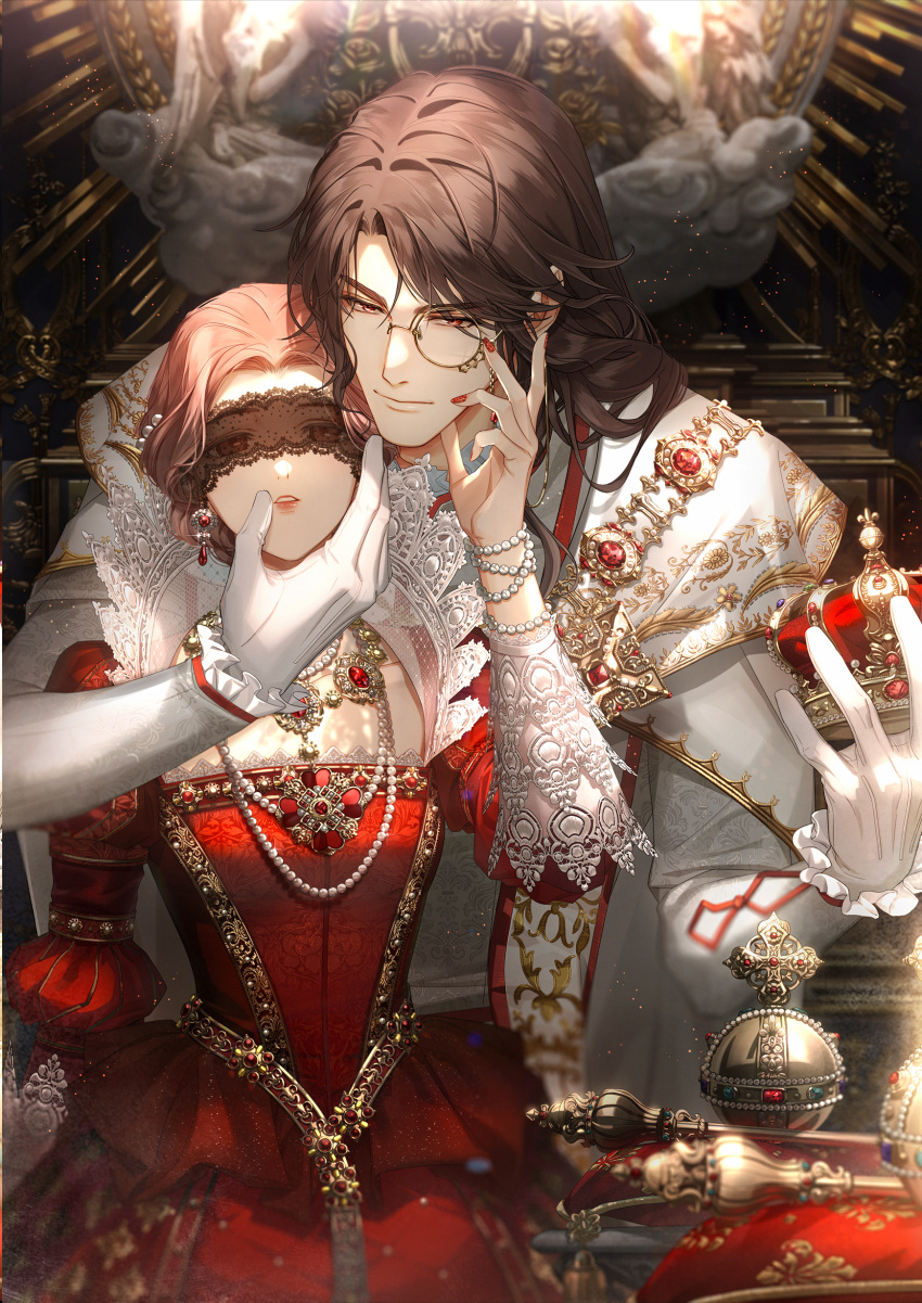 1boy, 1girl, absurdres, beads, blindfold, bracelet, brown_hair, cape, cloak, curtained_hair, dress, earrings, frilled_sleeves, frills, game_cg, gem, gloves, highres, holding, jewelry, lace, lace_trim, light_and_night_love, long_sleeves, lu_chen, mole, nail_polish, necklace, non-web_source, official_art, parted_bangs, parted_lips, pearl_necklace, pink_hair, protagonist_(light_and_night_love), puffy_sleeves, red_dress, red_eyes, red_gem, red_nails, smile, white_cloak, white_gloves