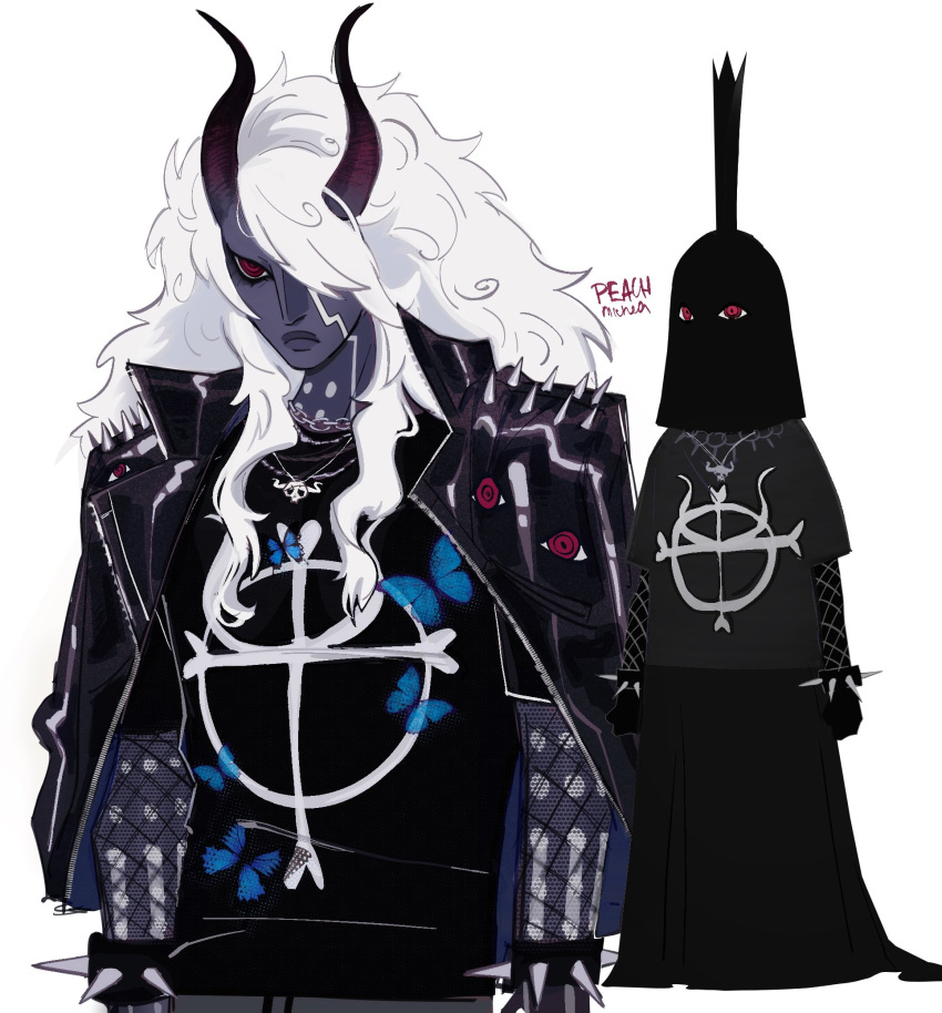 1boy, alternate_form, animal_print, black_jacket, black_shirt, body_markings, bracelet, butterfly_print, colored_skin, commentary, demon_boy, demon_horns, english_commentary, eyelashes, goth_fashion, grey_skin, hair_over_one_eye, highres, horns, imu_(one_piece), jacket, jewelry, leather, leather_jacket, long_hair, male_focus, one_piece, peachmichea, red_eyes, ringed_eyes, shirt, shoulder_spikes, spiked_bracelet, spikes, white_hair