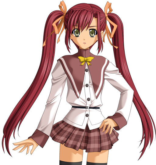 1girl, black_thighhighs, cowboy_shot, game_cg, green_eyes, hair_ribbon, hand_on_own_hip, large_variant_set