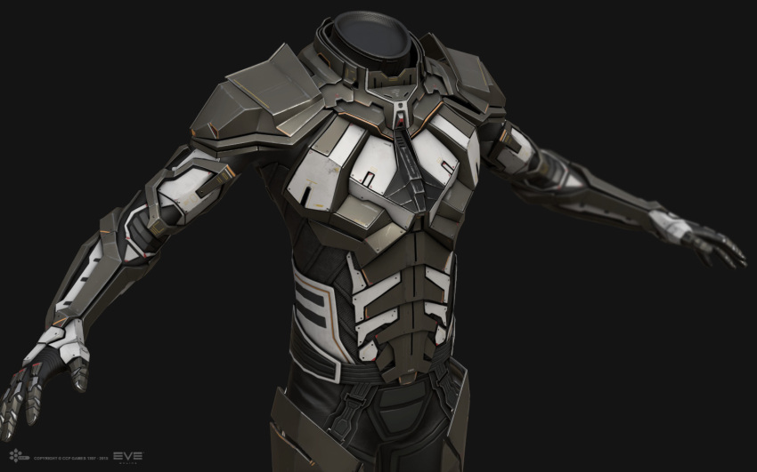3d, armor, armored_bodysuit, commentary, company_logo, company_name, copyright_logo, copyright_name, cowboy_shot, dark_background, dated, english_commentary, eve_online, grey_armor, grey_background, grey_theme, highres, logo, marmoset_toolbag_(medium), maya_(medium), no_humans, official_art, realistic, science_fiction, simple_background, undoz