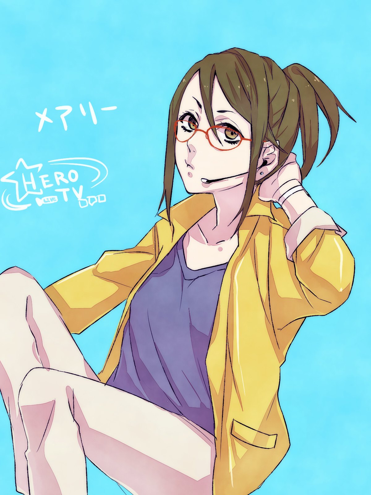 brown_hair, earrings, glasses, headset, highres, jacket, jewelry, lipstick, long_hair, makeup, mary_(tiger_&amp;_bunny), ponytail, sleeves_rolled_up, solo, tiger_&amp;_bunny, tsukishiro