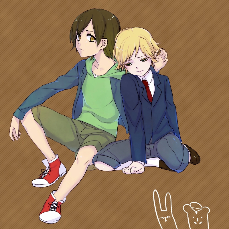 barnaby_brooks_jr, blonde_hair, brown_eyes, brown_hair, child, green_eyes, hoodie, jacket, kaburagi_t_kotetsu, kneehighs, male, multiple_boys, necktie, petting, shoes, short_hair, shorts, sneakers, tiger_&amp;_bunny, tsukishiro, white_legwear, young