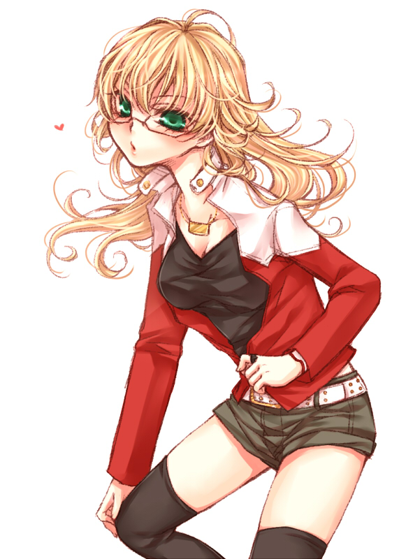 barnaby_brooks_jr, belt, black_legwear, blonde_hair, blush, breasts, cleavage, eyelashes, genderswap, glasses, green_eyes, heart, jacket, jewelry, long_hair, necklace, red_jacket, shiratama_(mofutto), shorts, solo, studded_belt, thigh-highs, thighhighs, tiger_&amp;_bunny, zettai_ryouiki