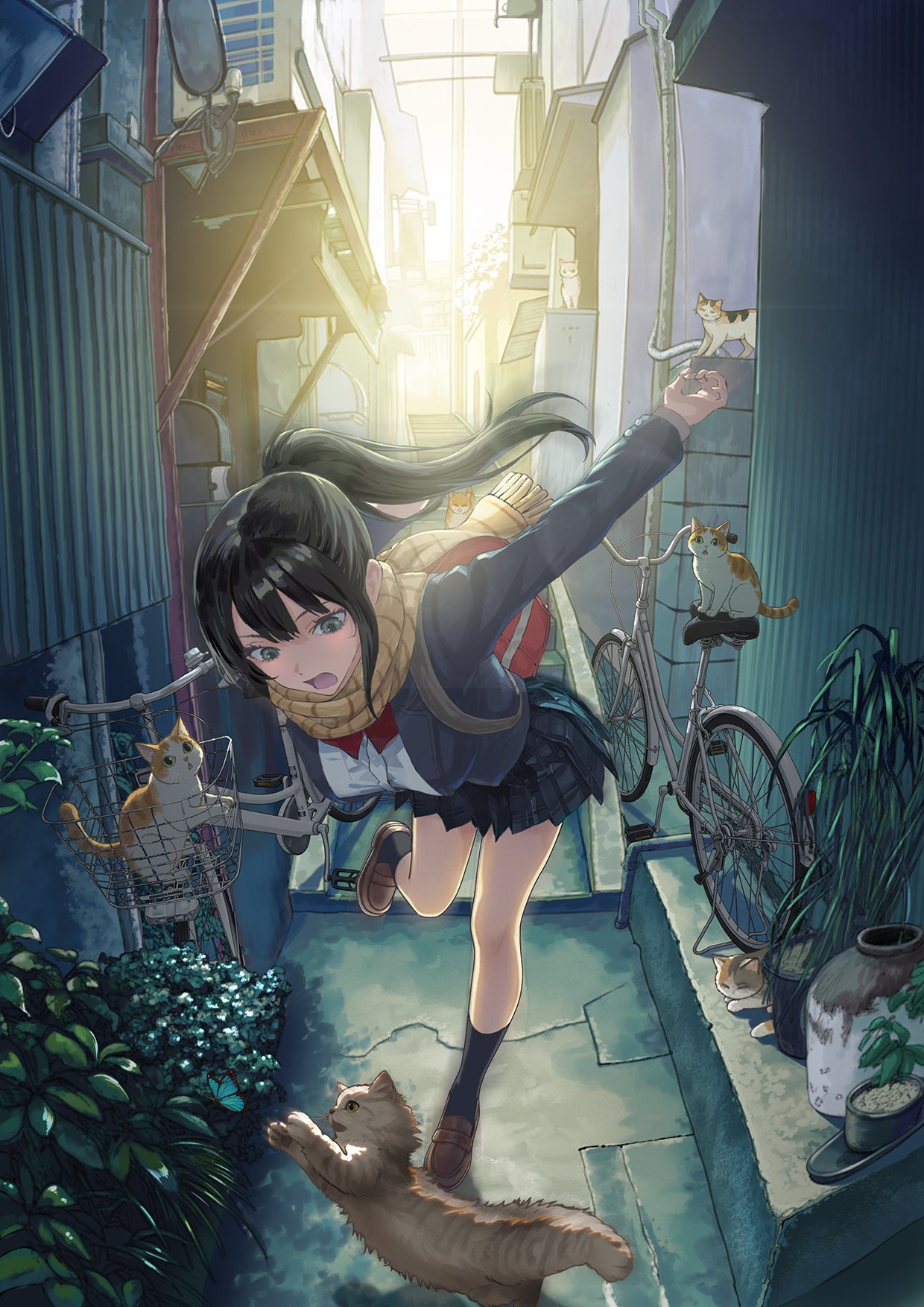 1girl, alley, animal, backlighting, backpack, bag, bicycle, black_hair, black_skirt, black_socks, bloom, cat, commentary_request, green_eyes, highres, industrial_pipe, jacket, jikkujiku, lapels, naruto_run, open_mouth, original, plant, pleated_skirt, ponytail, potted_plant, scarf, shoes, skirt, socks, solo