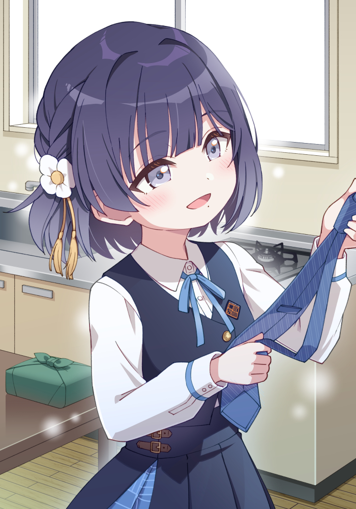 1girl, aged_down, black_skirt, blue_hair, blue_necktie, blue_ribbon, braid, child
