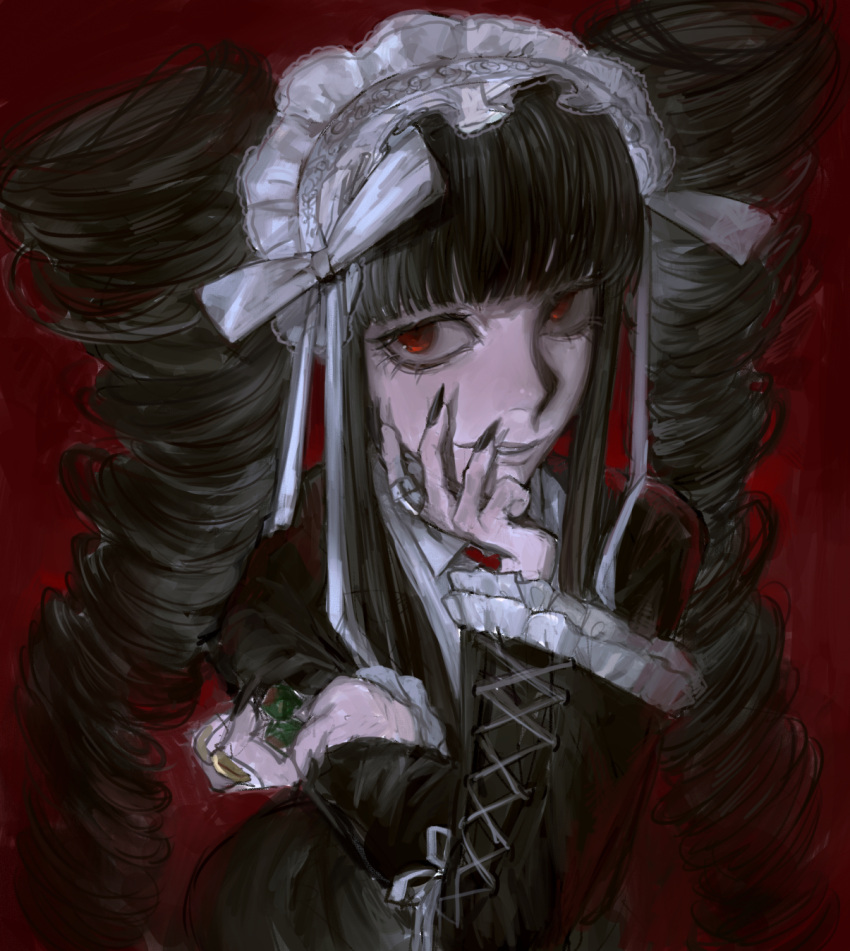 1girl, arm_support, black_dress, black_hair, black_nails, bow, celestia_ludenberg, collared_dress