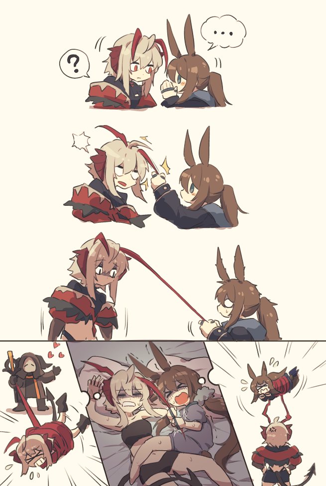 >_<, ..., 2girls, ?, ahoge, amiya_(arknights), antenna_pull, antennae