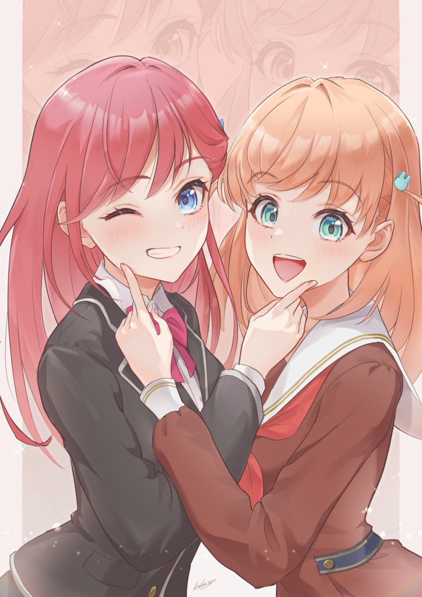 2girls, :d, ;d, absurdres, aqua_eyes, black_jacket, blazer, blue_eyes, bow, bowtie, brown_dress, collared_shirt, commentary, dress, finger_to_another's_cheek, grin, hasu_no_sora_school_uniform, highres, hinoshita_kaho, jacket, kinjo_maika, kobassy, kurumibashi_school_uniform, light_particles, link!_like!_love_live!, long_hair, long_sleeves, looking_at_viewer, love_live!, love_live!_hasu_no_sora_jogakuin_school_idol_club_bloom_garden_party, multiple_girls, neckerchief, one_eye_closed, open_mouth, orange_hair, outside_border, pillarboxed, pink_bow, pink_bowtie, red_hair, red_neckerchief, sailor_collar, sailor_dress, school_uniform, shirt, smile, upper_body, virtual_youtuber, white_sailor_collar, white_shirt, winter_uniform, zoom_layer