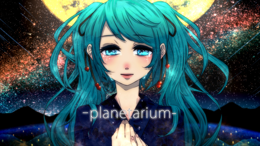 aqua_eyes, blue_hair, female, hair_ornament, hatsune_miku, highres, long_hair, planetarium